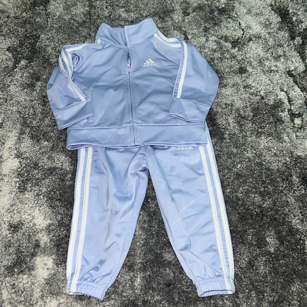 Nwt Adidas 12 Month Baby Girl 3 Stripe Lavender and White 2 Piece Set